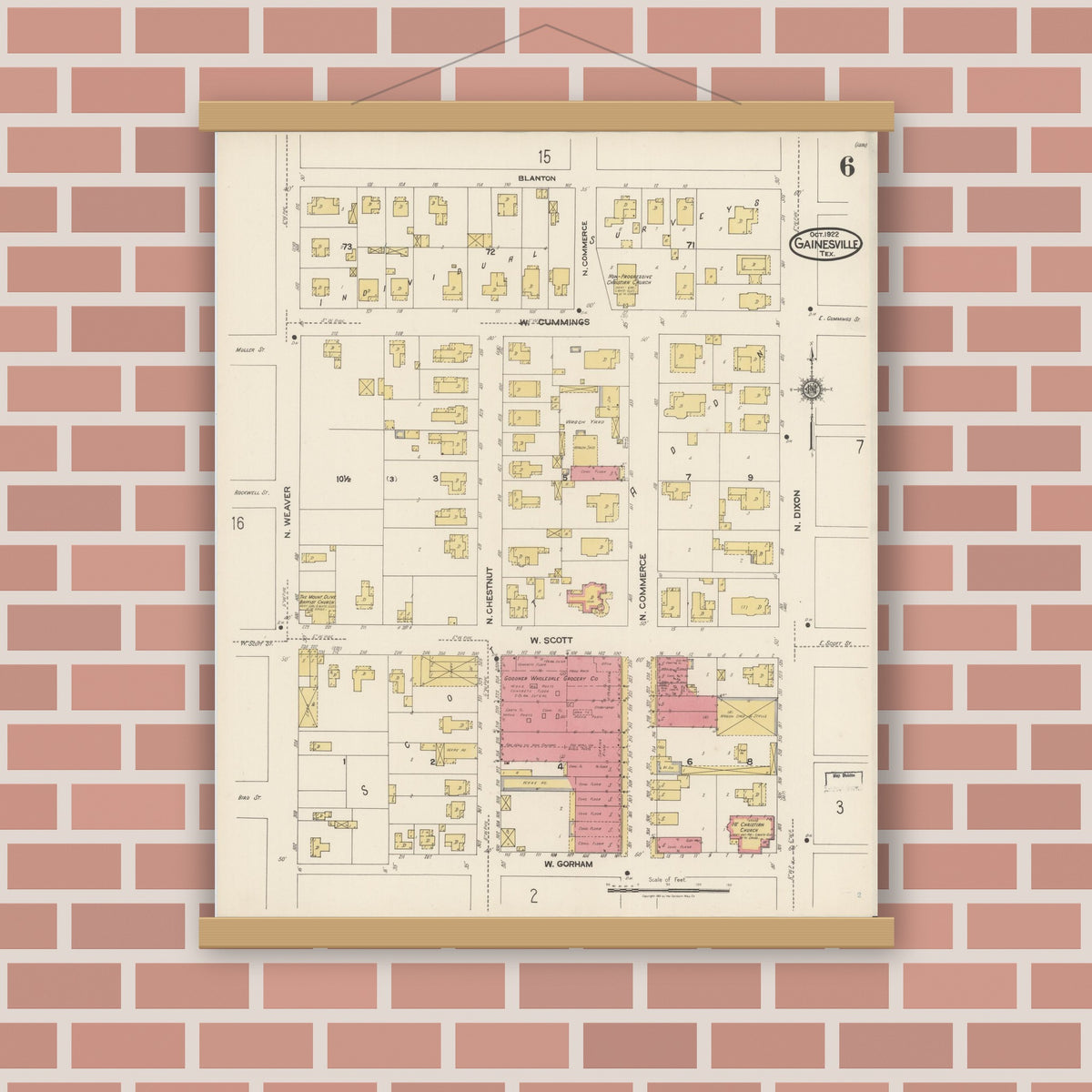 Old map wall art mockup — magnetic wood frame on brick wall — Sanborn Fire Insurance Map from Gainesville, Cooke County, Texas (1922), Sheet #0006