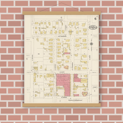 Old map wall art mockup — magnetic wood frame on brick wall — Sanborn Fire Insurance Map from Gainesville, Cooke County, Texas (1922), Sheet #0006