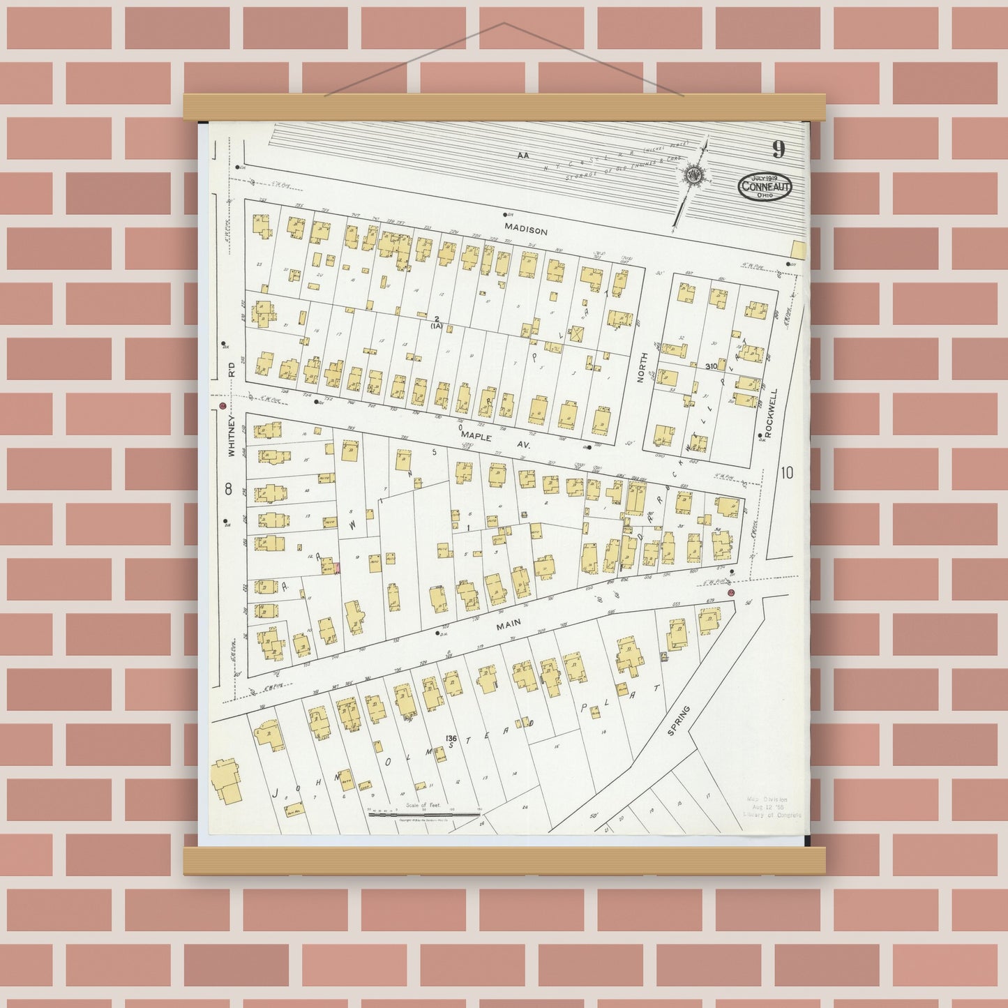 Old map wall art mockup — magnetic wood frame on brick wall — Sanborn Fire Insurance Map from Conneaut, Ashtabula County, Ohio (1919), Sheet #0009