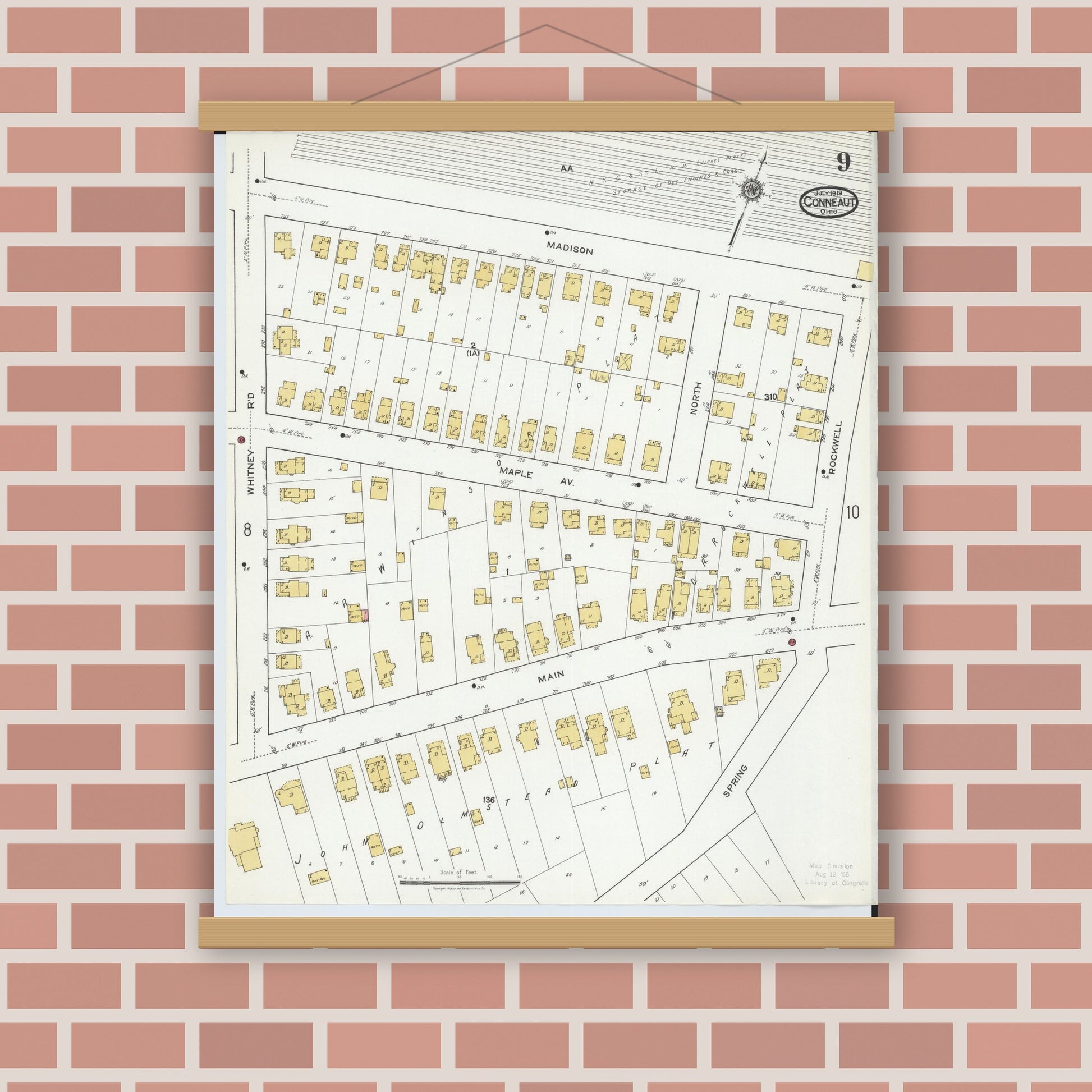 Old map wall art mockup — magnetic wood frame on brick wall — Sanborn Fire Insurance Map from Conneaut, Ashtabula County, Ohio (1919), Sheet #0009
