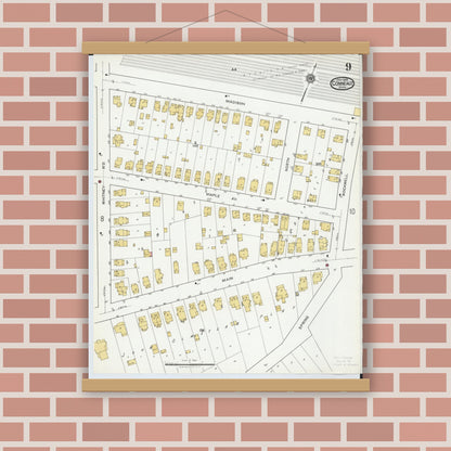 Old map wall art mockup — magnetic wood frame on brick wall — Sanborn Fire Insurance Map from Conneaut, Ashtabula County, Ohio (1919), Sheet #0009