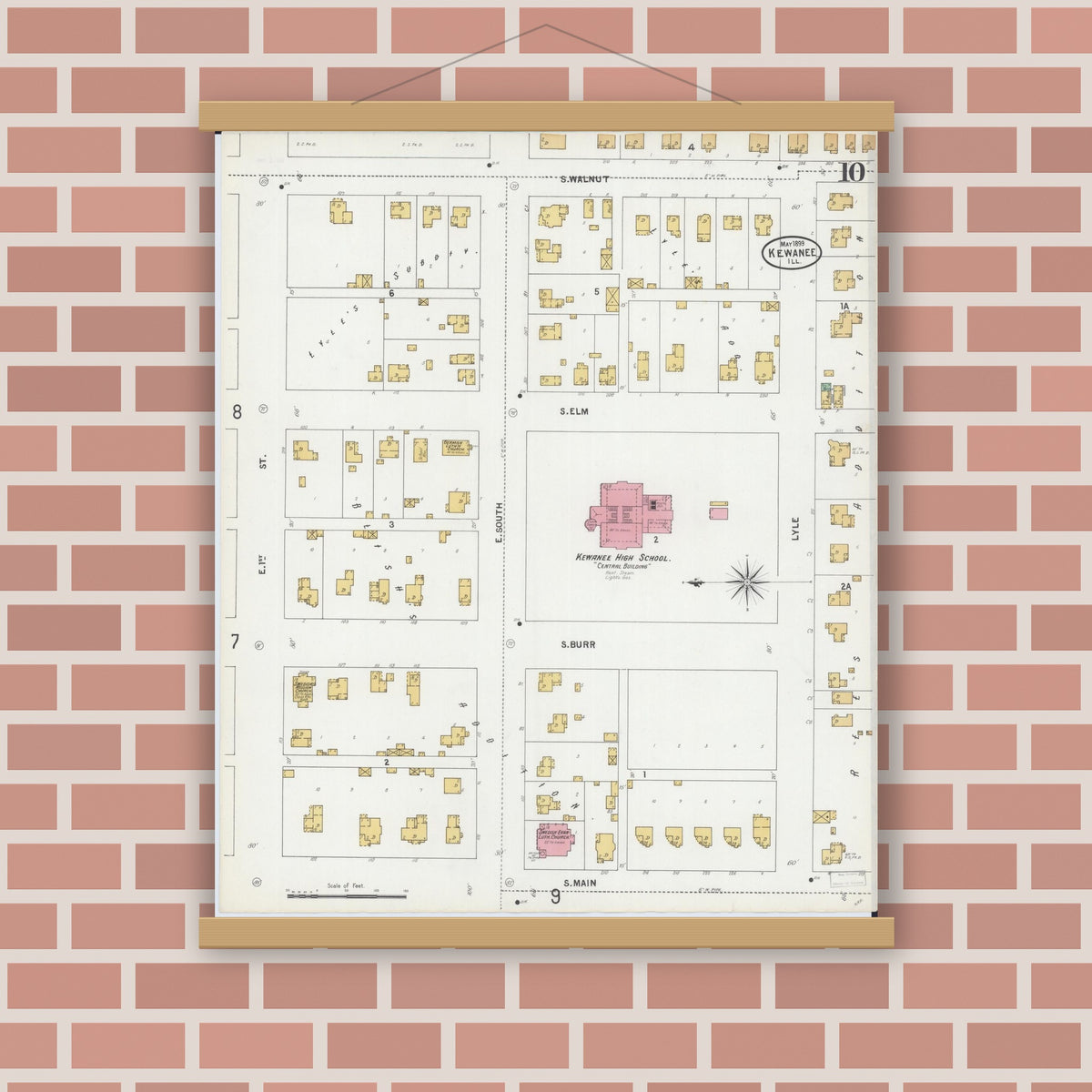 Old map wall art mockup — magnetic wood frame on brick wall — Sanborn Fire Insurance Map from Kewanee, Henry County, Illinois (1899), Sheet #0010