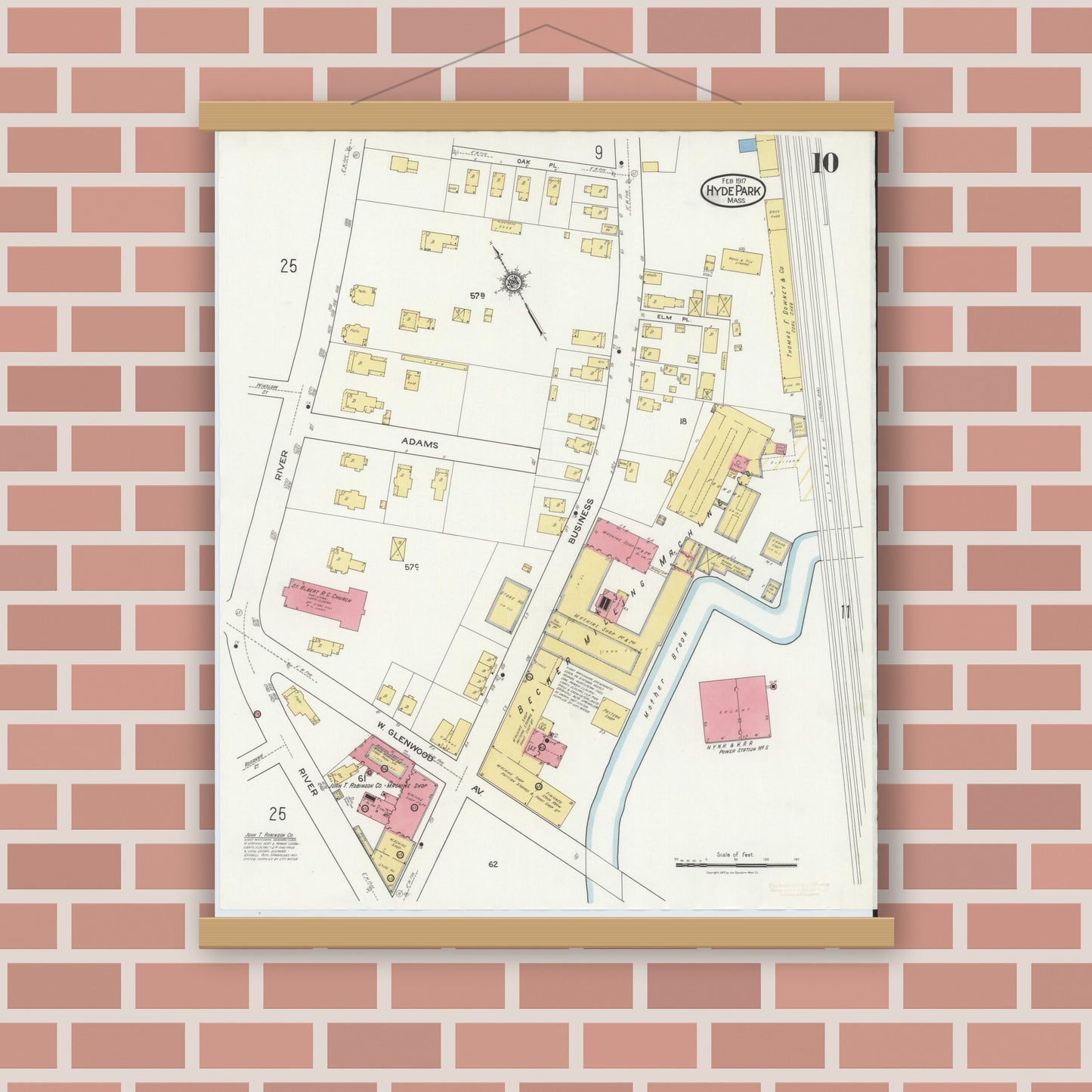 Old map wall art mockup — magnetic wood frame on brick wall — Sanborn Fire Insurance Map from Hyde Park, Norfolk County, Massachusetts (1917), Sheet #0010