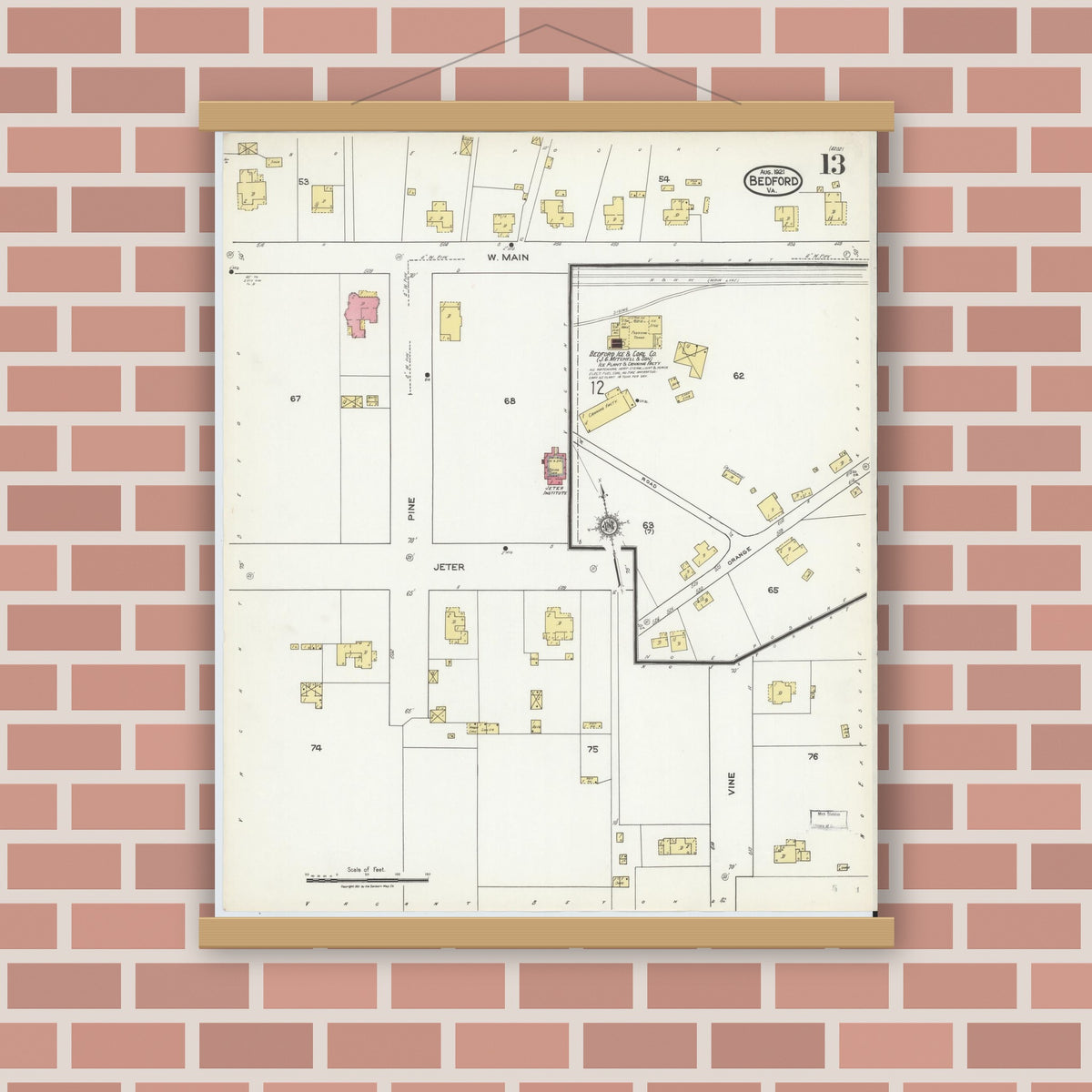 Old map wall art mockup — magnetic wood frame on brick wall — Sanborn Fire Insurance Map from Bedford, Independent Cities, Virginia (1921), Sheet #0013