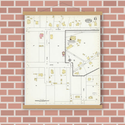 Old map wall art mockup — magnetic wood frame on brick wall — Sanborn Fire Insurance Map from Bedford, Independent Cities, Virginia (1921), Sheet #0013