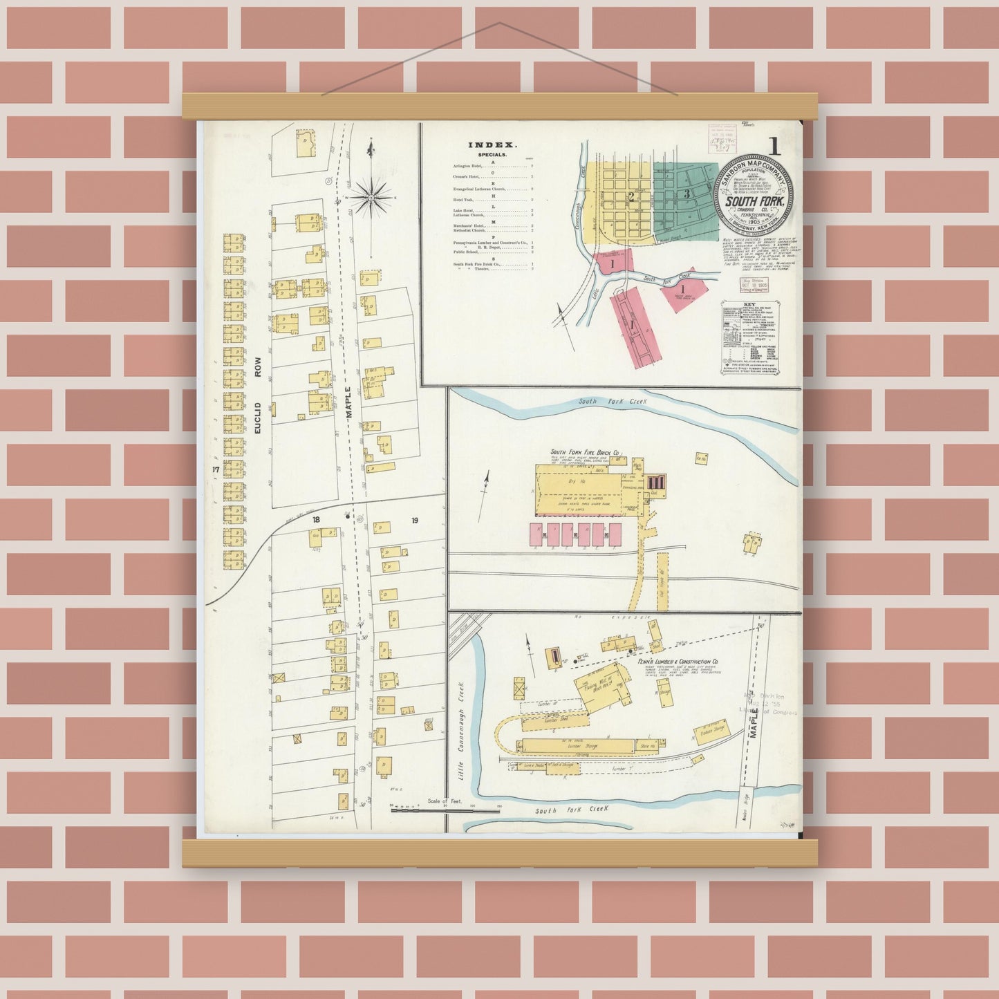 Old map wall art mockup — magnetic wood frame on brick wall — Sanborn Fire Insurance Map from South Fork, Cambria County, Pennsylvania (1905) - Complete Map Set