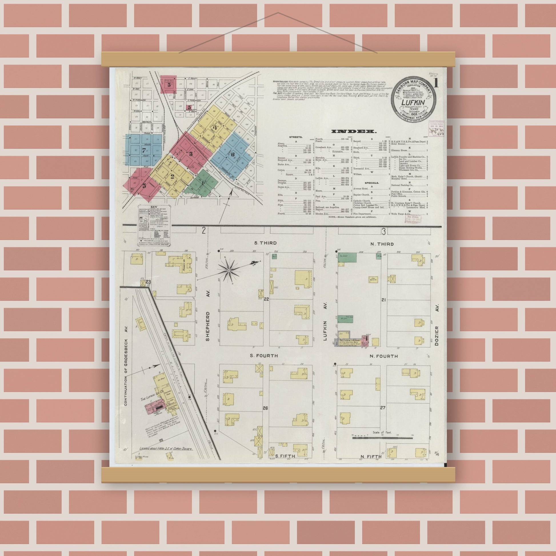 Old map wall art mockup — magnetic wood frame on brick wall — Sanborn Fire Insurance Map from Lufkin, Angelina County, Texas (1908), Sheet #0001
