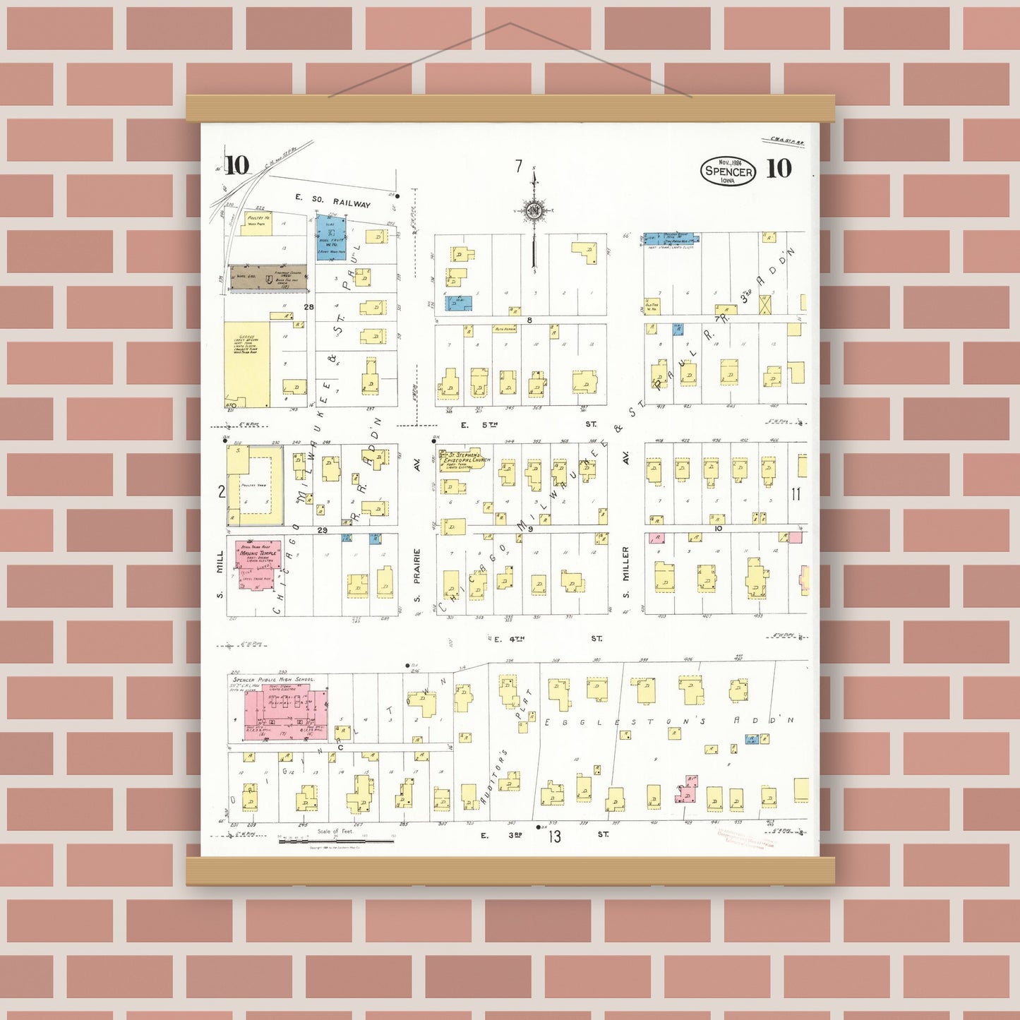 Old map wall art mockup — magnetic wood frame on brick wall — Sanborn Fire Insurance Map from Spencer, Clay County, Iowa (1924), Sheet #0010