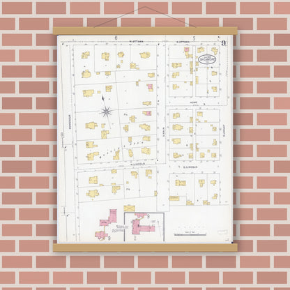 Old map wall art mockup — magnetic wood frame on brick wall — Sanborn Fire Insurance Map from Sycamore, De Kalb County, Illinois (1905), Sheet #0009