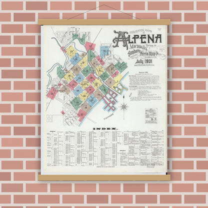 Old map wall art mockup — magnetic wood frame on brick wall — Sanborn Fire Insurance Map from Alpena, Alpena County, Michigan (1901) - Complete Map Set