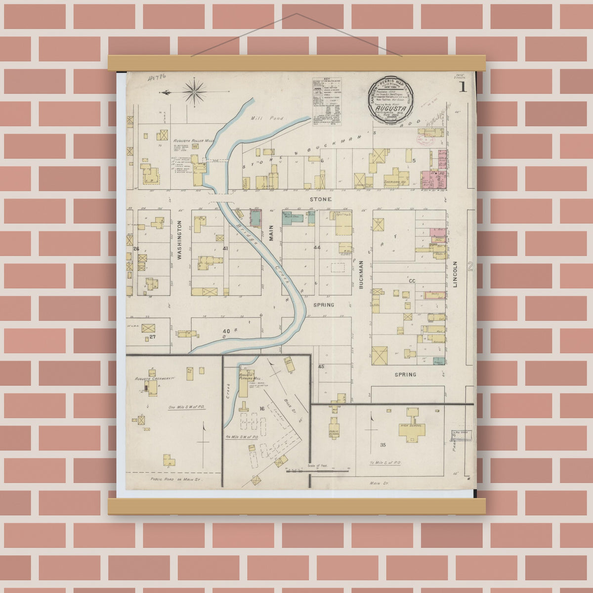 Old map wall art mockup — magnetic wood frame on brick wall — Sanborn Fire Insurance Map from Augusta, Eau Claire County, Wisconsin (1894) - Complete Map Set