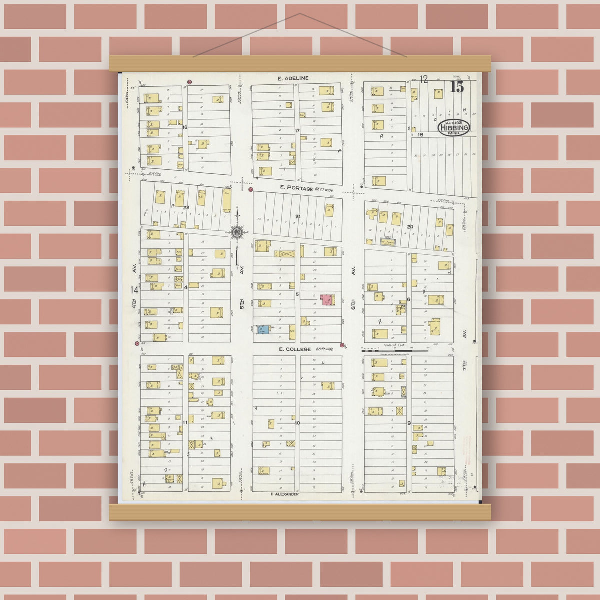 Old map wall art mockup — magnetic wood frame on brick wall — Sanborn Fire Insurance Map from Hibbing, Saint Louis County, Minnesota (1921), Sheet #0015