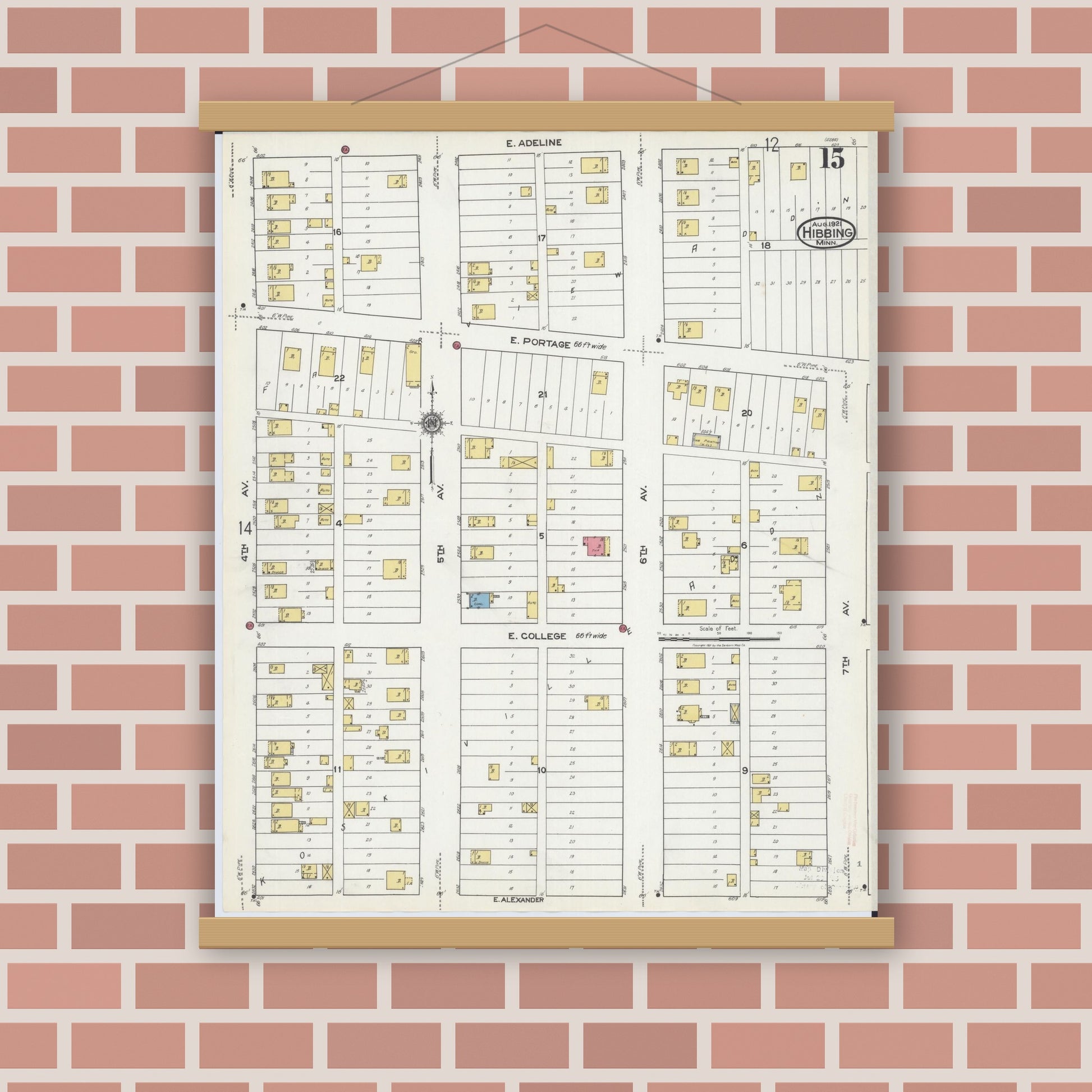 Old map wall art mockup — magnetic wood frame on brick wall — Sanborn Fire Insurance Map from Hibbing, Saint Louis County, Minnesota (1921), Sheet #0015