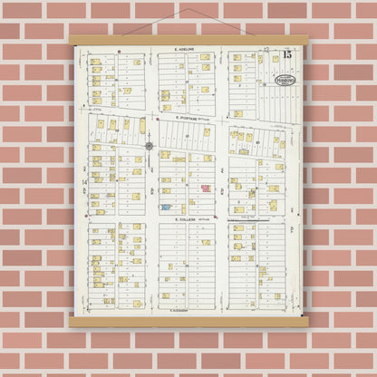 Old map wall art mockup — magnetic wood frame on brick wall — Sanborn Fire Insurance Map from Hibbing, Saint Louis County, Minnesota (1921), Sheet #0015