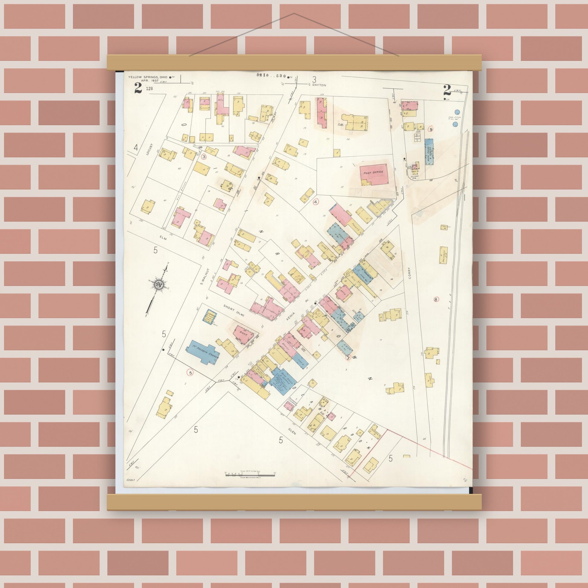 Old map wall art mockup — magnetic wood frame on brick wall — Sanborn Fire Insurance Map from Yellow Springs, Greene County, Ohio (1945), Sheet #0002