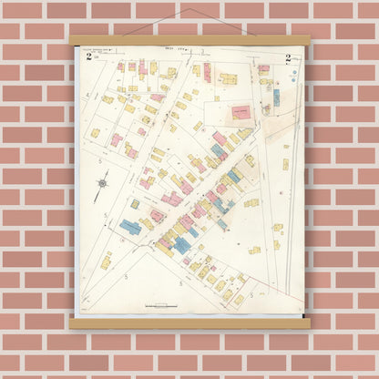 Old map wall art mockup — magnetic wood frame on brick wall — Sanborn Fire Insurance Map from Yellow Springs, Greene County, Ohio (1945), Sheet #0002