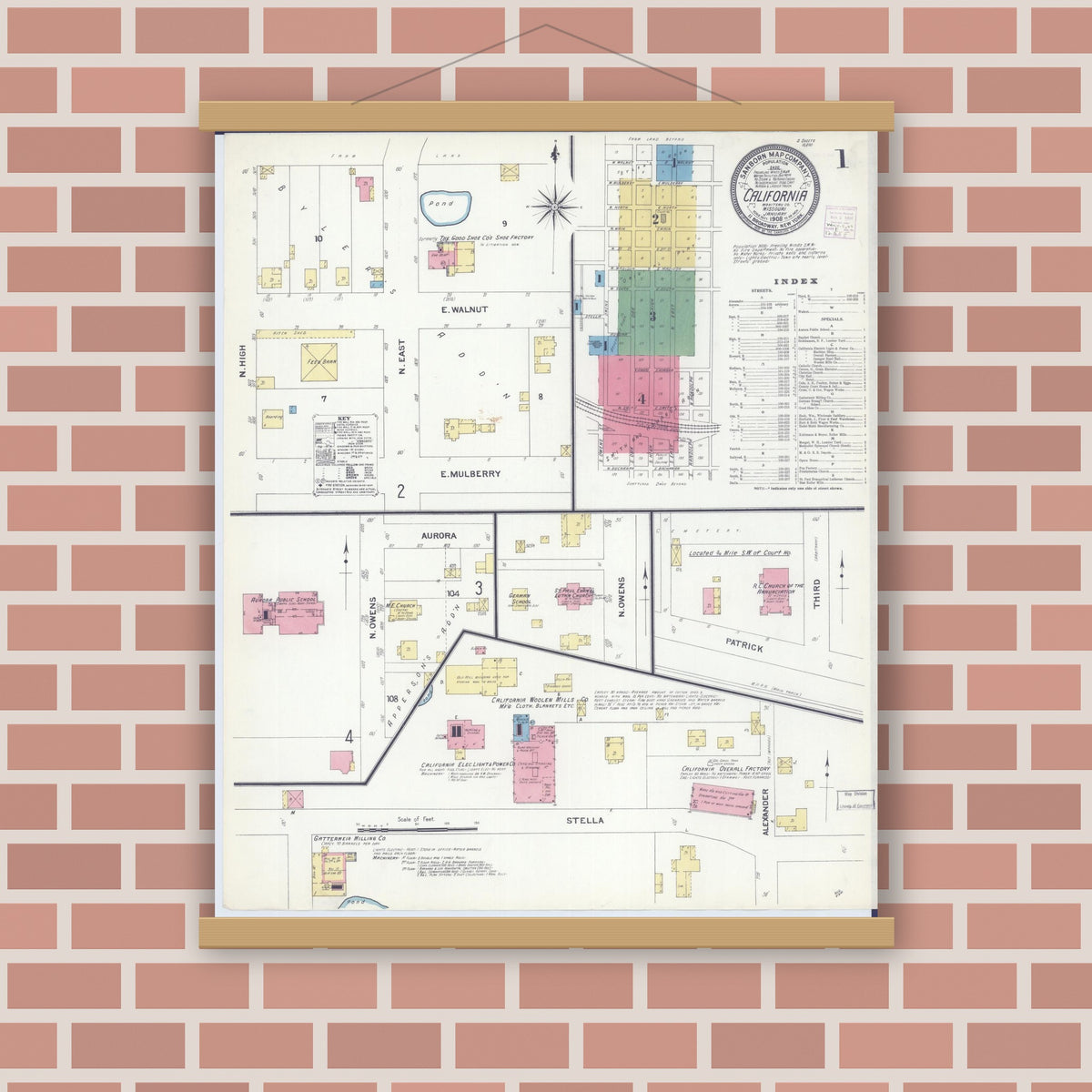 Old map wall art mockup — magnetic wood frame on brick wall — Sanborn Fire Insurance Map from California, Moniteau County, Missouri (1908) - Complete Map Set