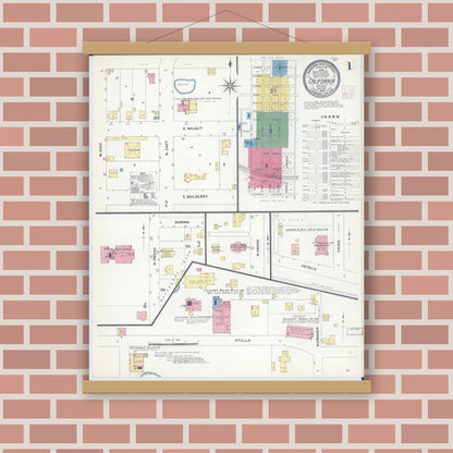 Old map wall art mockup — magnetic wood frame on brick wall — Sanborn Fire Insurance Map from California, Moniteau County, Missouri (1908) - Complete Map Set