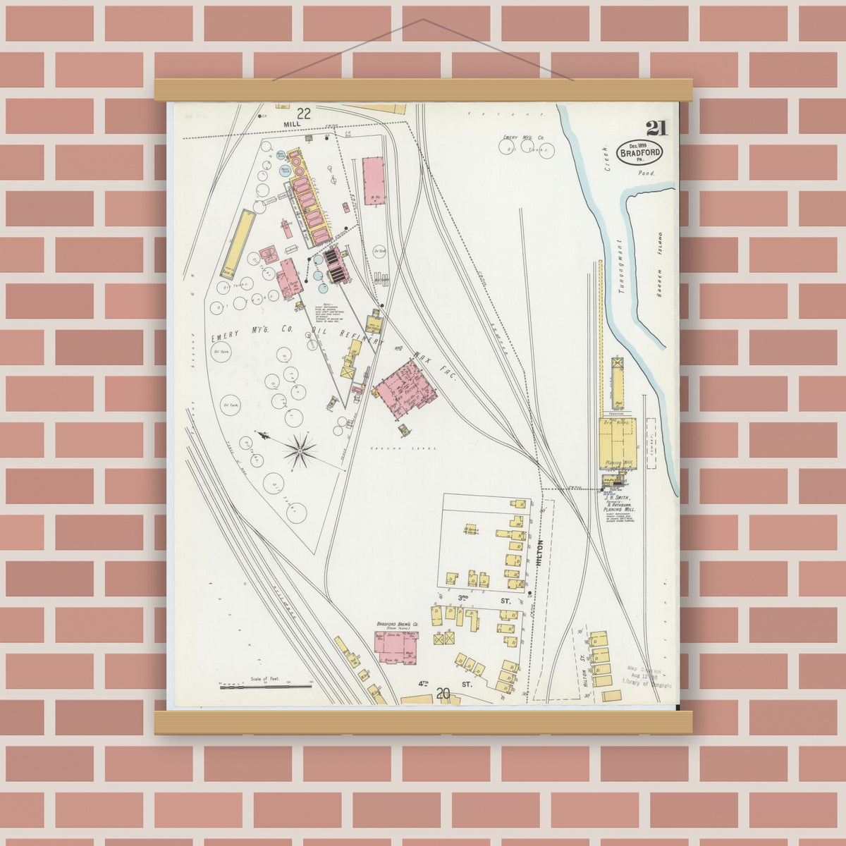 Old map wall art mockup — magnetic wood frame on brick wall — Sanborn Fire Insurance Map from Bradford, McKean County, Pennsylvania (1899), Sheet #0021