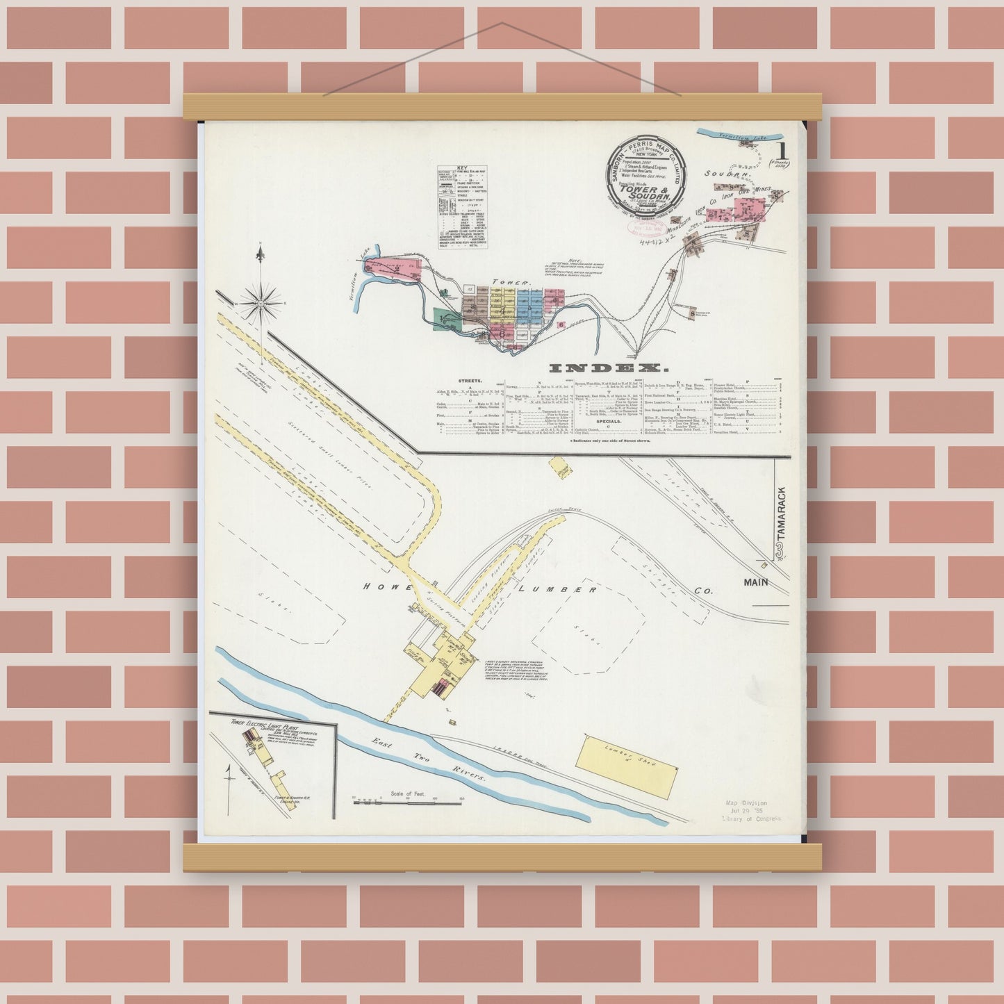 Old map wall art mockup — magnetic wood frame on brick wall — Sanborn Fire Insurance Map from Tower, Saint Louis County, Minnesota (1892) - Complete Map Set