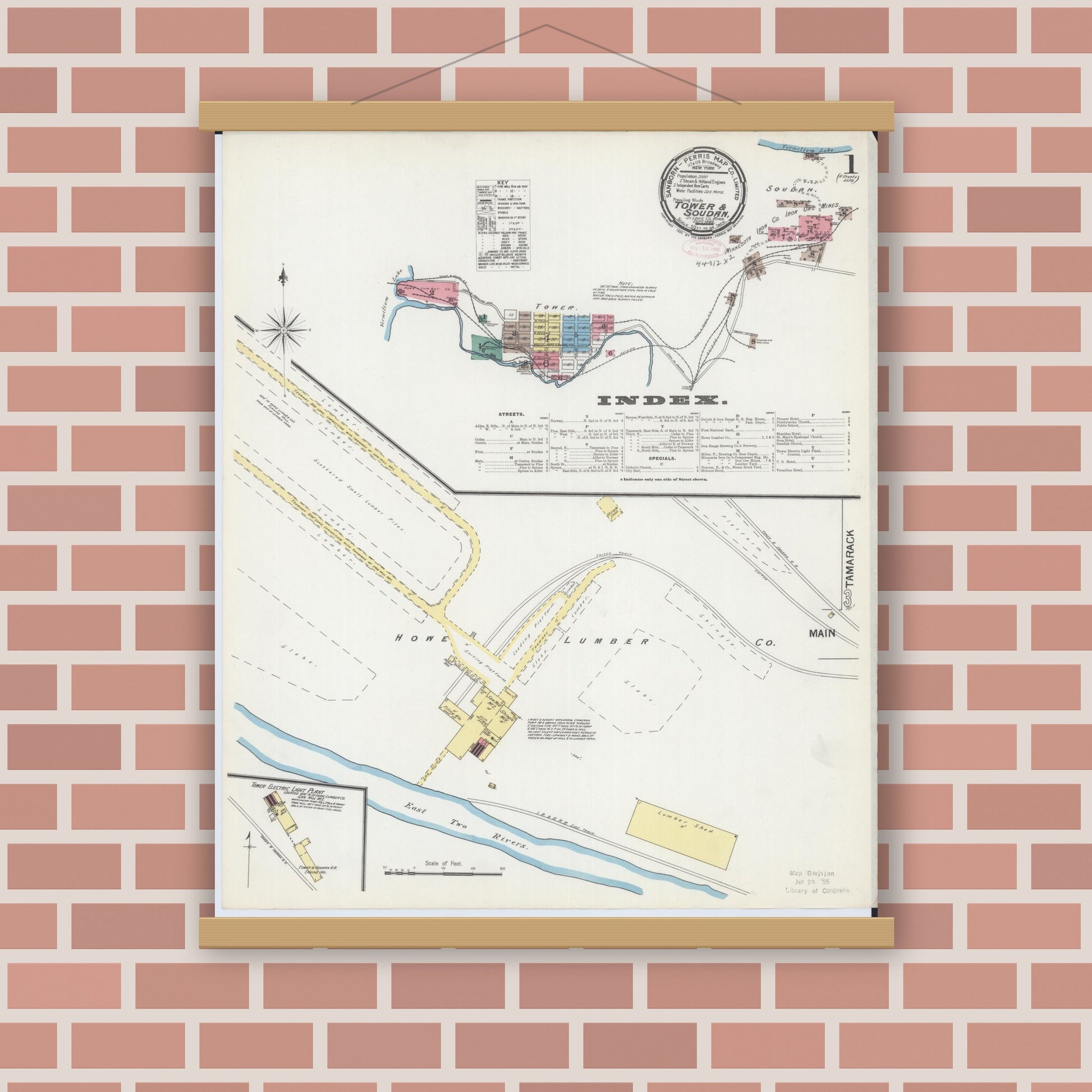 Old map wall art mockup — magnetic wood frame on brick wall — Sanborn Fire Insurance Map from Tower, Saint Louis County, Minnesota (1892) - Complete Map Set