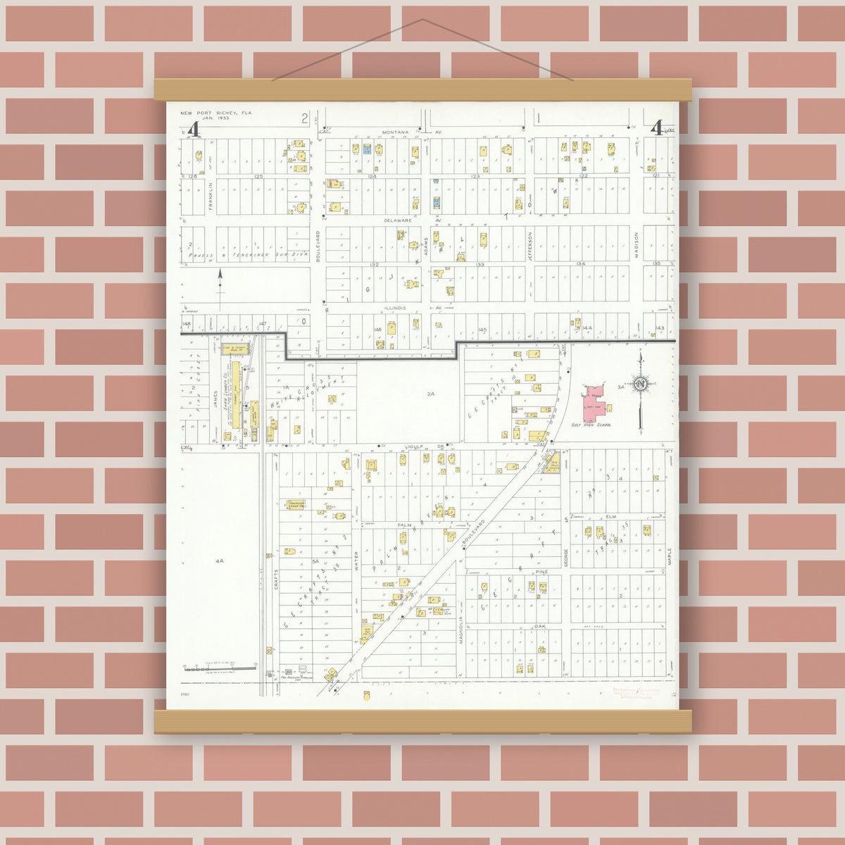 Old map wall art mockup — magnetic wood frame on brick wall — Sanborn Fire Insurance Map from New Port Richey, Pasco County, Florida (1933), Sheet #0004