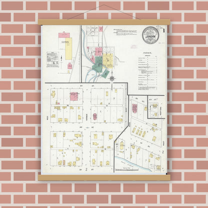 Old map wall art mockup — magnetic wood frame on brick wall — Sanborn Fire Insurance Map from Jordan, Scott County, Minnesota (1911), Sheet #0001