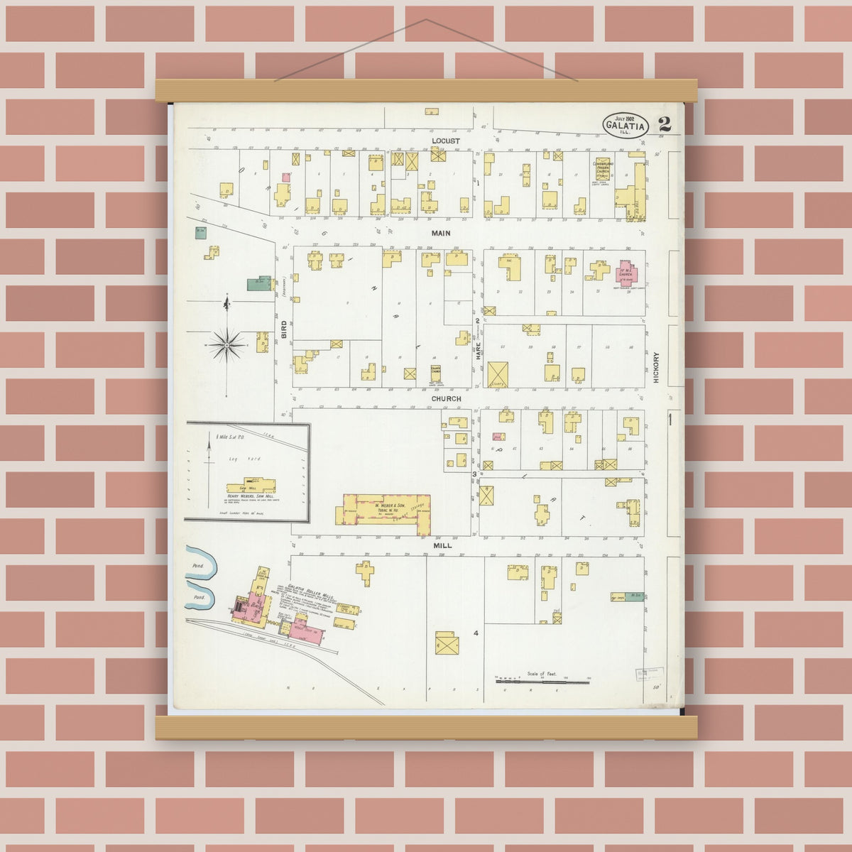 Old map wall art mockup — magnetic wood frame on brick wall — Sanborn Fire Insurance Map from Galatia, Saline County, Illinois (1902), Sheet #0002