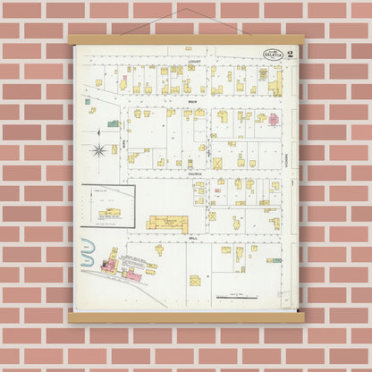 Old map wall art mockup — magnetic wood frame on brick wall — Sanborn Fire Insurance Map from Galatia, Saline County, Illinois (1902), Sheet #0002
