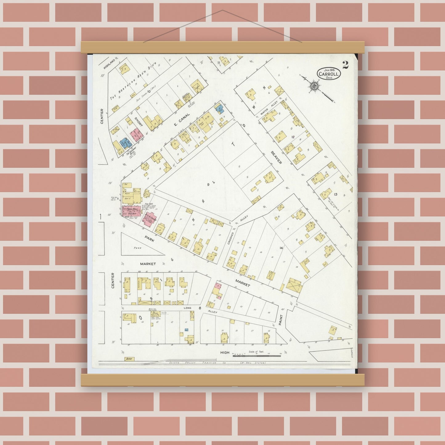 Old map wall art mockup — magnetic wood frame on brick wall — Sanborn Fire Insurance Map from Carroll, Fairfield County, Ohio (1916), Sheet #0002