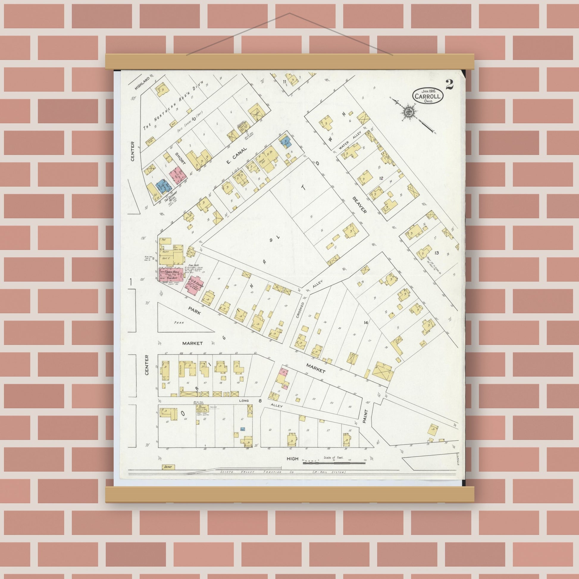 Old map wall art mockup — magnetic wood frame on brick wall — Sanborn Fire Insurance Map from Carroll, Fairfield County, Ohio (1916), Sheet #0002