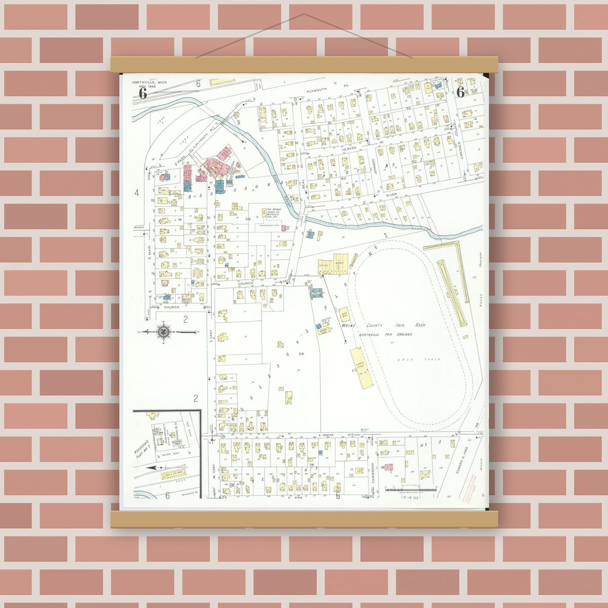 Old map wall art mockup — magnetic wood frame on brick wall — Sanborn Fire Insurance Map from Northville, Wayne County, Michigan (1942), Sheet #0006