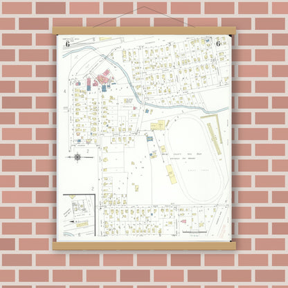 Old map wall art mockup — magnetic wood frame on brick wall — Sanborn Fire Insurance Map from Northville, Wayne County, Michigan (1942), Sheet #0006