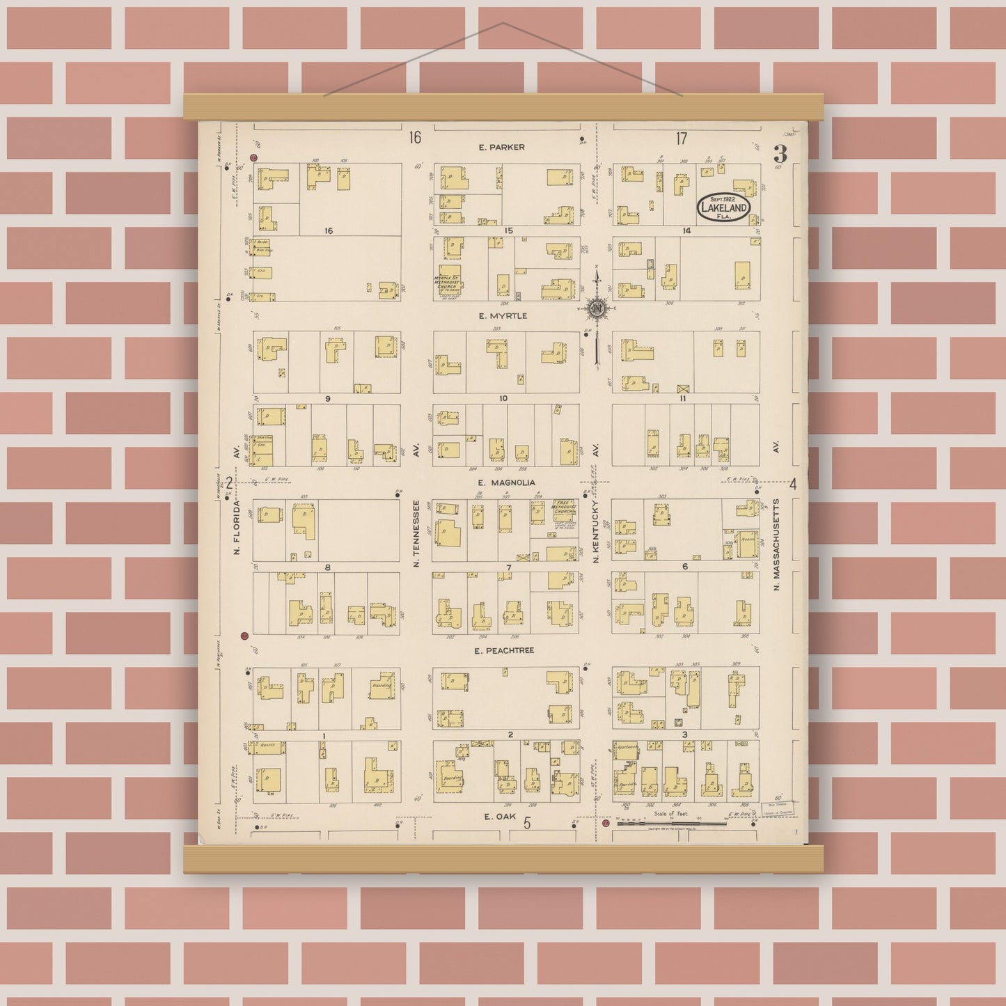 Old map wall art mockup — magnetic wood frame on brick wall — Sanborn Fire Insurance Map from Lakeland, Polk County, Florida (1922), Sheet #0003