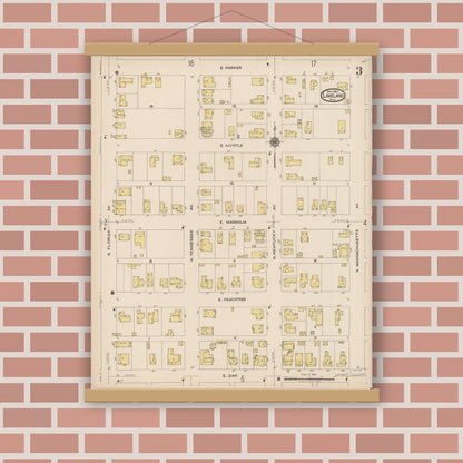 Old map wall art mockup — magnetic wood frame on brick wall — Sanborn Fire Insurance Map from Lakeland, Polk County, Florida (1922), Sheet #0003