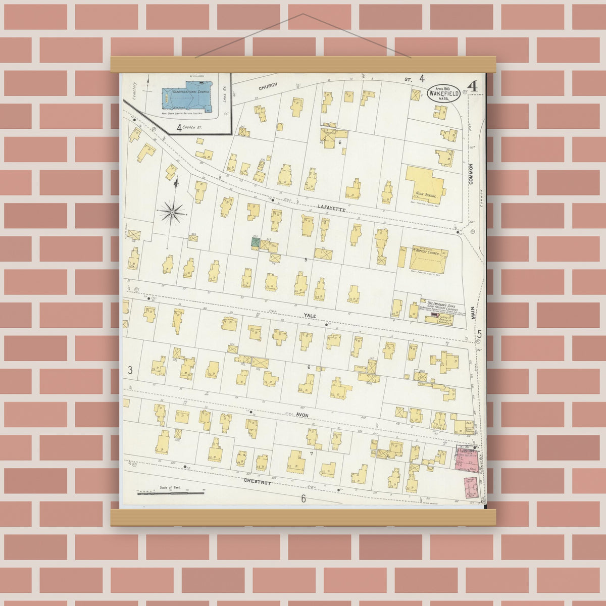 Old map wall art mockup — magnetic wood frame on brick wall — Sanborn Fire Insurance Map from Wakefield, Middlesex County, Massachusetts (1903), Sheet #0004