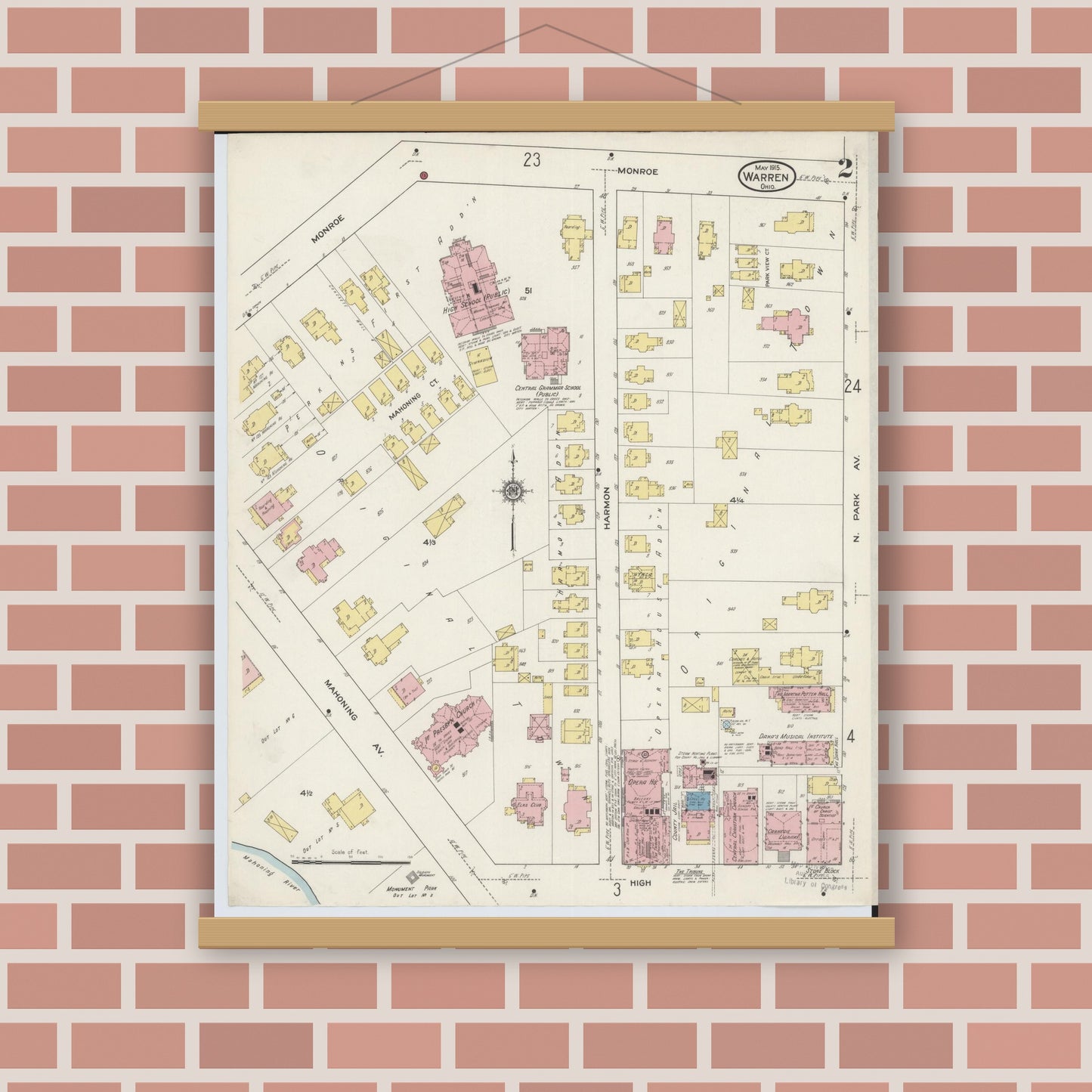Old map wall art mockup — magnetic wood frame on brick wall — Sanborn Fire Insurance Map from Warren, Trumbull County, Ohio (1915), Sheet #0002
