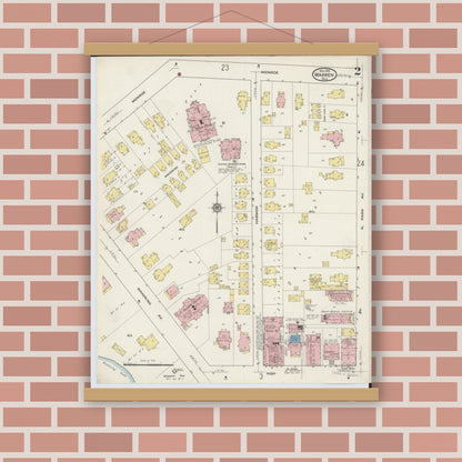 Old map wall art mockup — magnetic wood frame on brick wall — Sanborn Fire Insurance Map from Warren, Trumbull County, Ohio (1915), Sheet #0002