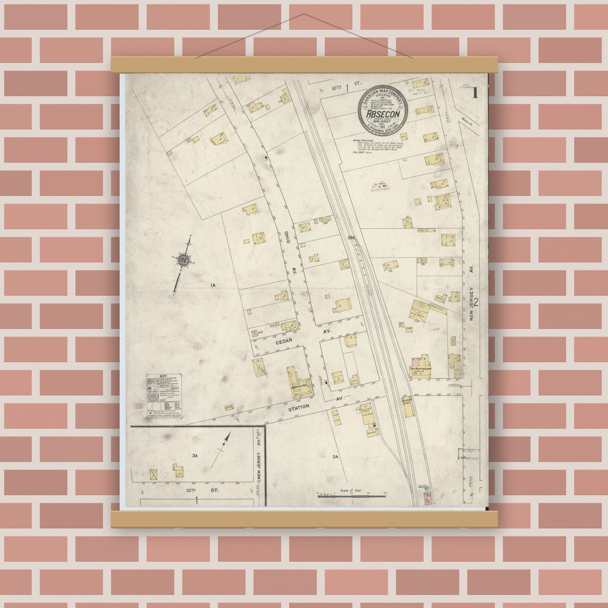 Old map wall art mockup — magnetic wood frame on brick wall — Sanborn Fire Insurance Map from Absecon, Atlantic County, New Jersey (1911), Sheet #0001