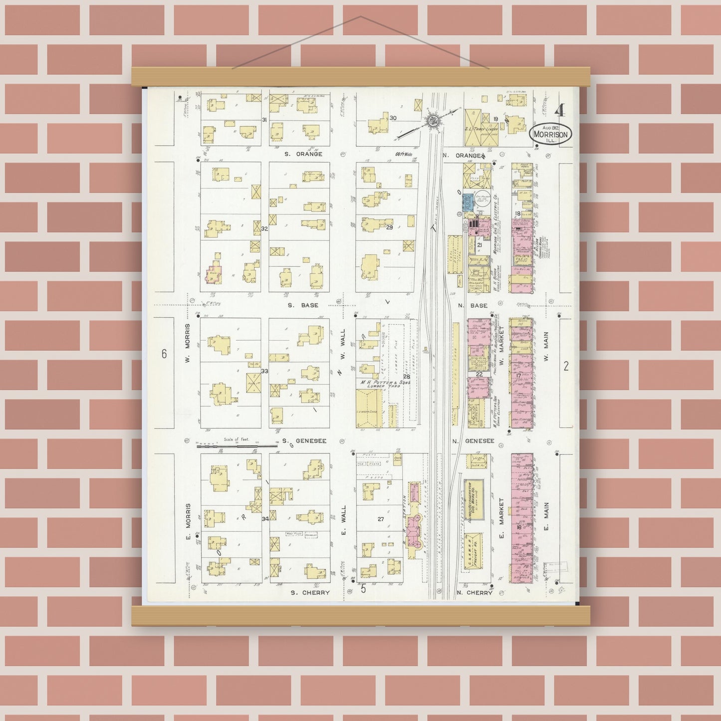 Old map wall art mockup — magnetic wood frame on brick wall — Sanborn Fire Insurance Map from Morrison, Whiteside County, Illinois (1912), Sheet #0004