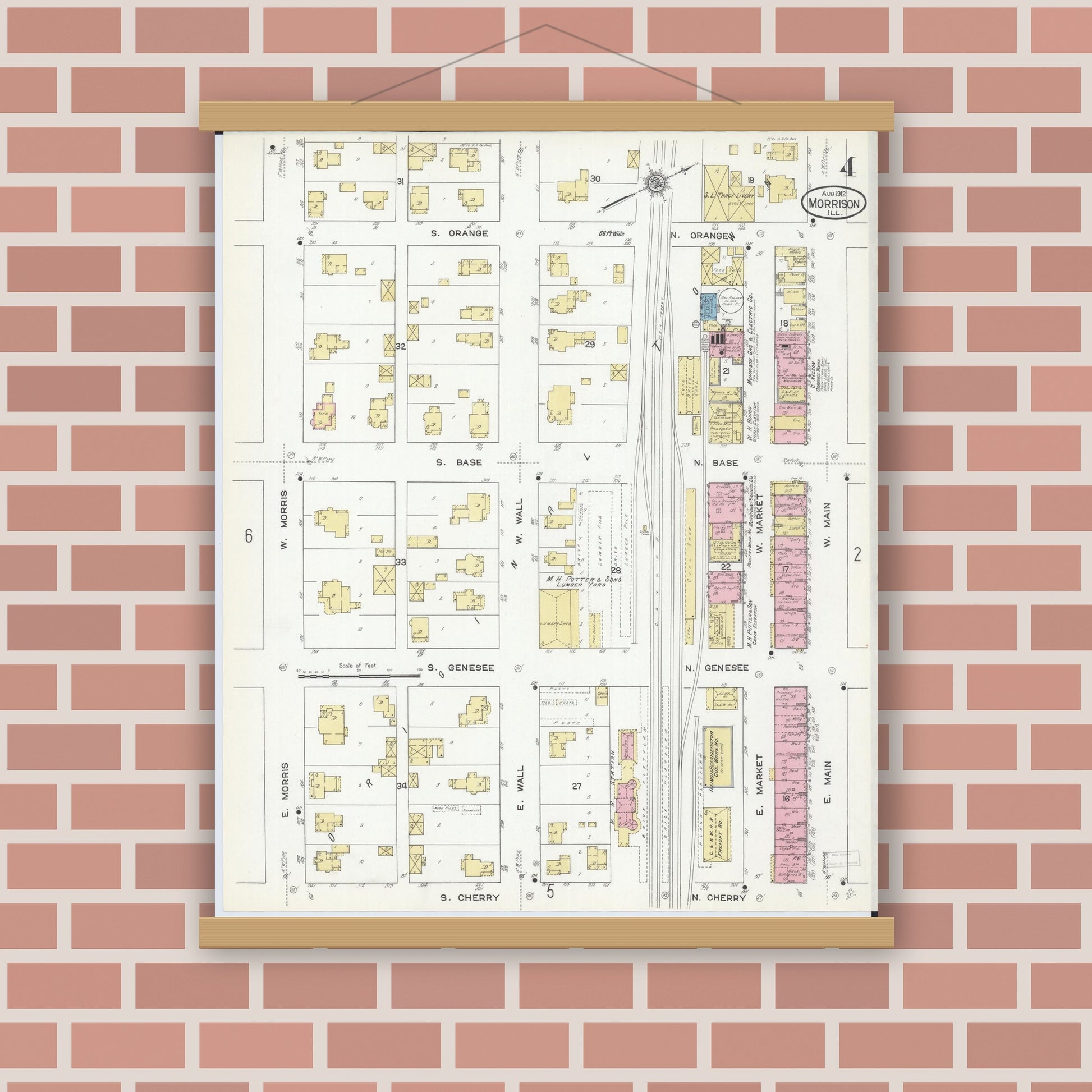 Old map wall art mockup — magnetic wood frame on brick wall — Sanborn Fire Insurance Map from Morrison, Whiteside County, Illinois (1912), Sheet #0004