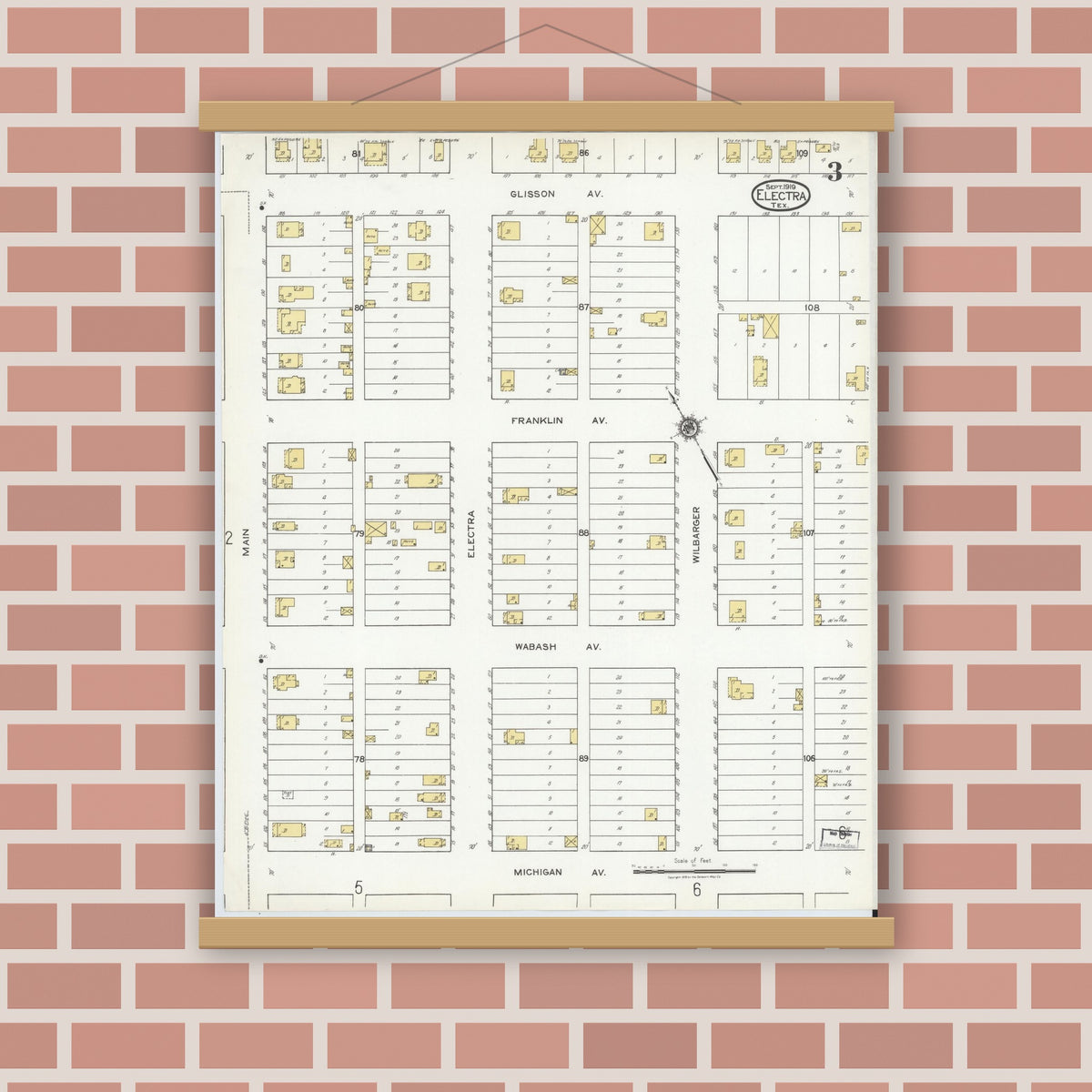 Old map wall art mockup — magnetic wood frame on brick wall — Sanborn Fire Insurance Map from Electra, Wichita County, Texas (1919), Sheet #0003