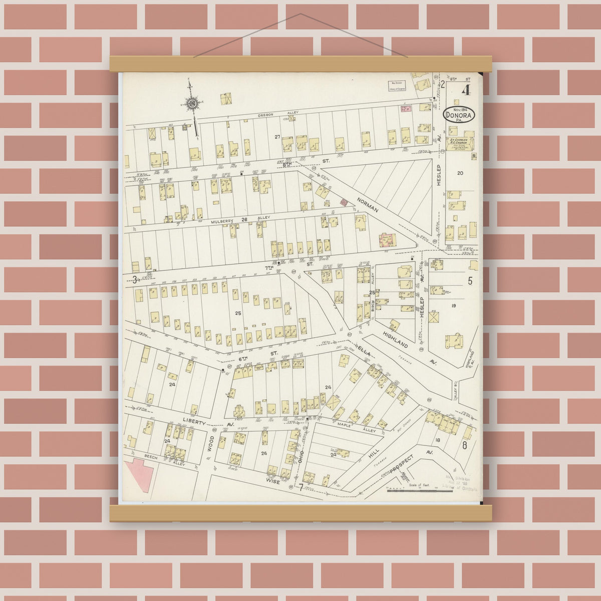 Old map wall art mockup — magnetic wood frame on brick wall — Sanborn Fire Insurance Map from Donora, Washington County, Pennsylvania (1914), Sheet #0004