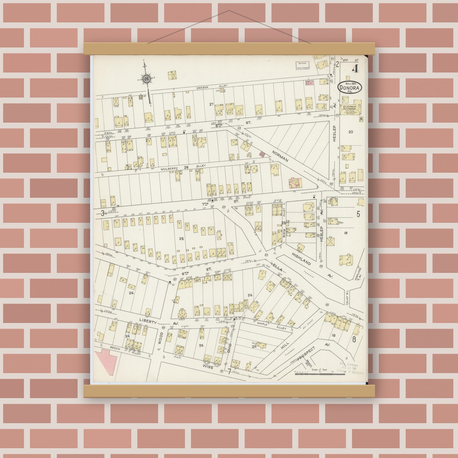 Old map wall art mockup — magnetic wood frame on brick wall — Sanborn Fire Insurance Map from Donora, Washington County, Pennsylvania (1914), Sheet #0004