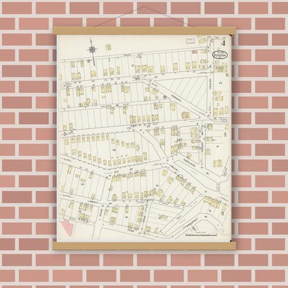Old map wall art mockup — magnetic wood frame on brick wall — Sanborn Fire Insurance Map from Donora, Washington County, Pennsylvania (1914), Sheet #0004