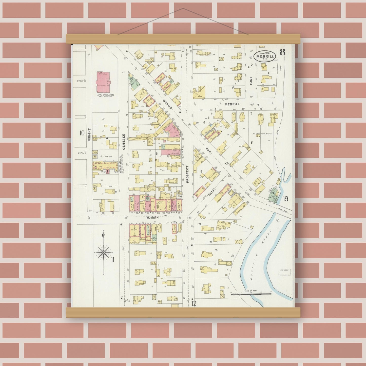 Old map wall art mockup — magnetic wood frame on brick wall — Sanborn Fire Insurance Map from Merrill, Lincoln County, Wisconsin (1898), Sheet #0008