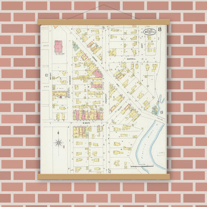 Old map wall art mockup — magnetic wood frame on brick wall — Sanborn Fire Insurance Map from Merrill, Lincoln County, Wisconsin (1898), Sheet #0008