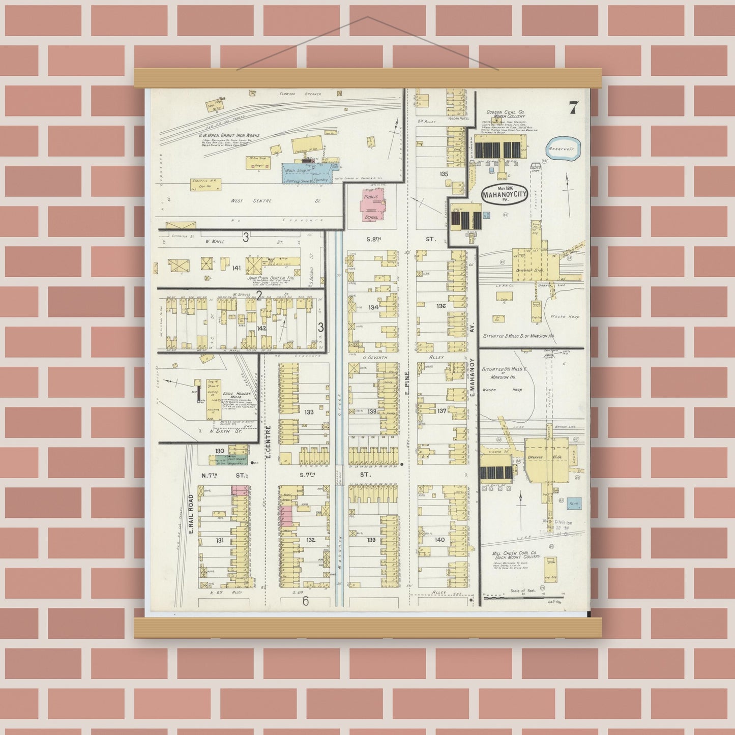 Old map wall art mockup — magnetic wood frame on brick wall — Sanborn Fire Insurance Map from Mahanoy City, Schuylkill County, Pennsylvania (1896), Sheet #0007