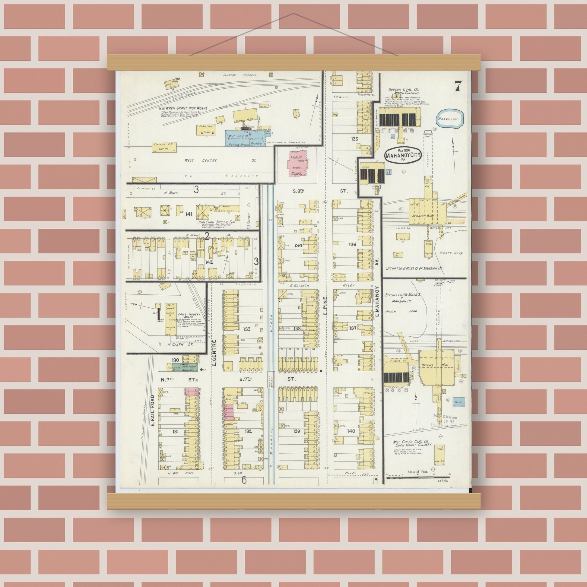 Old map wall art mockup — magnetic wood frame on brick wall — Sanborn Fire Insurance Map from Mahanoy City, Schuylkill County, Pennsylvania (1896), Sheet #0007