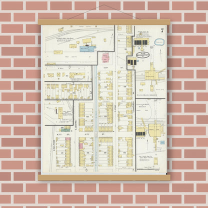 Old map wall art mockup — magnetic wood frame on brick wall — Sanborn Fire Insurance Map from Mahanoy City, Schuylkill County, Pennsylvania (1896), Sheet #0007